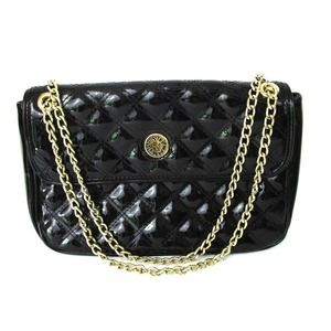 Vintage Anne Klein Purse Quilted Black Patent Gold Chain Polka Dot Designer Lion